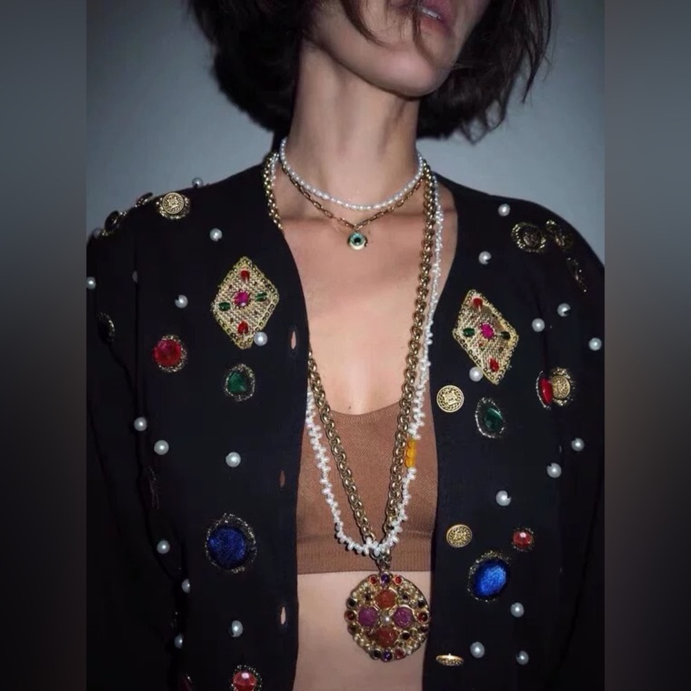 Vintage Parisian Style Black Embellished Cardigan – Retro Luxury Look